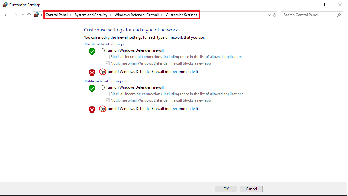 Windows Defender Firewall: Settings