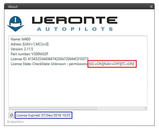 Veronte Configuration - License panel